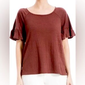 Max Studio Flutter Texture Ruffle Stretch Chestnut Chocolate Brown Top NWOT XL